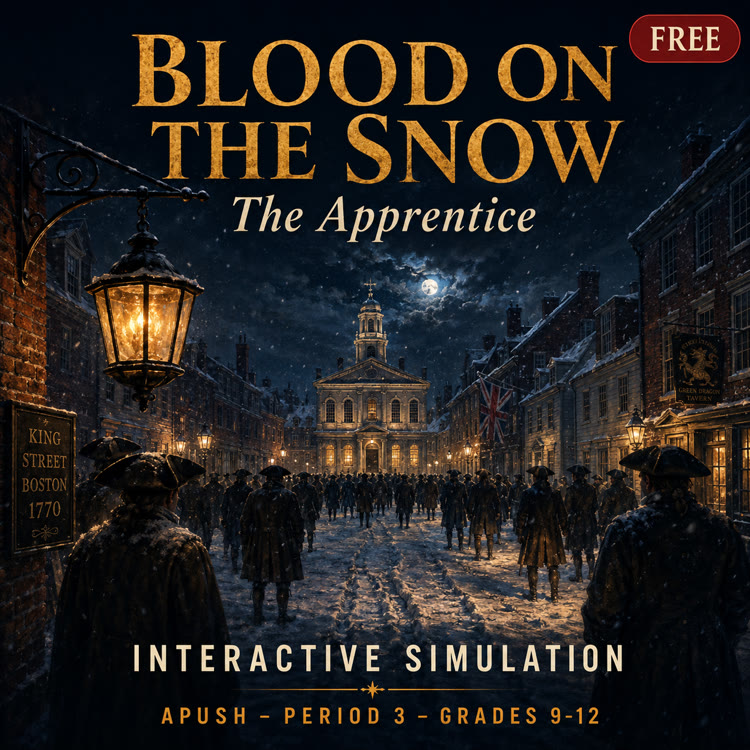 Blood on the Snow: The Apprentice. A snowbound King Street in Boston at night, 1770, lit by a lantern, with a crowd gathering toward the Town House. A free interactive simulation for APUSH Period 3, grades 9 to 12.