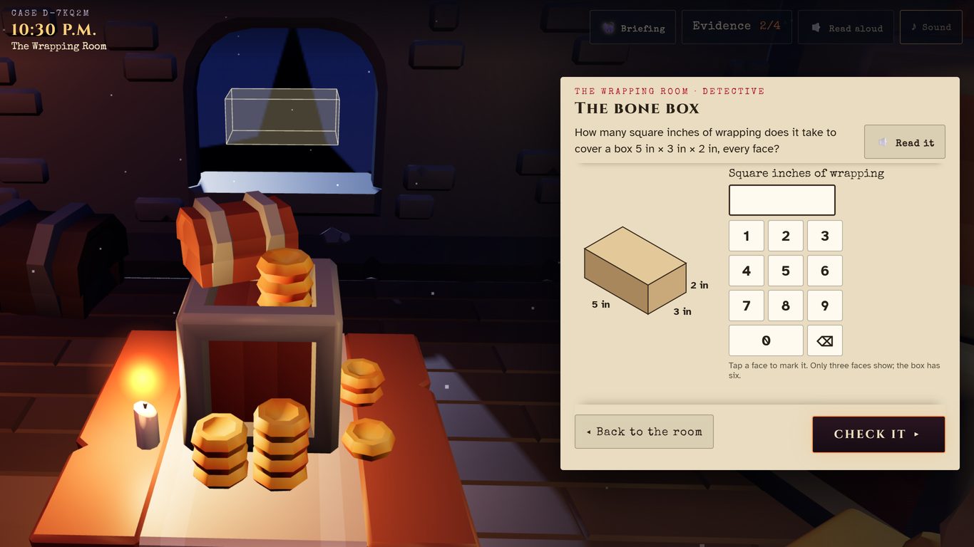The bone box lock: a box drawn with its measurements and a keypad, beside Auntie Bones's work table.