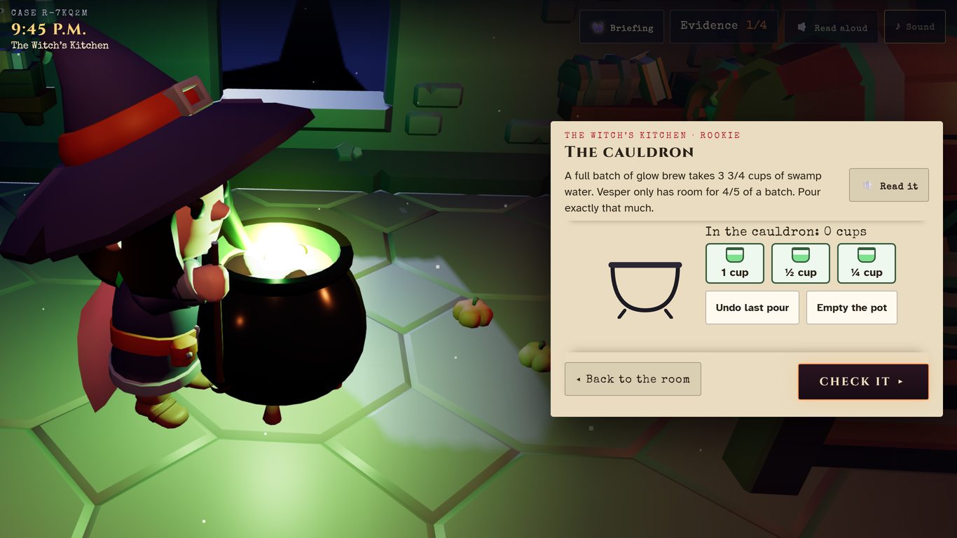 The cauldron lock: measuring cups to pour, beside Vesper Hex's glowing cauldron.