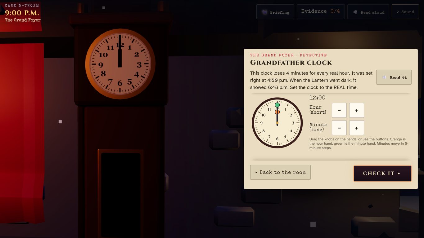 The grandfather clock lock: a clock face the student sets, beside the 3D clock in the foyer.
