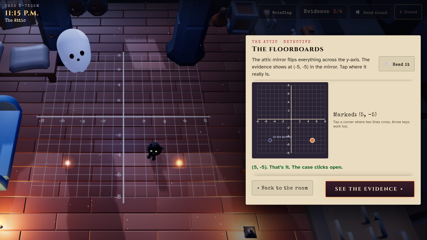 The attic lock: a coordinate grid of floorboards where the student marks a point.