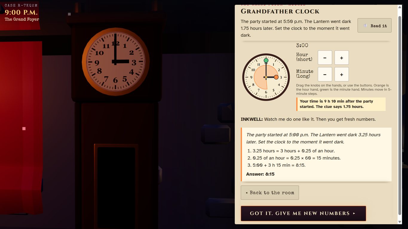 Inkwell's worked example after a third miss on the clock, with a button for new numbers.