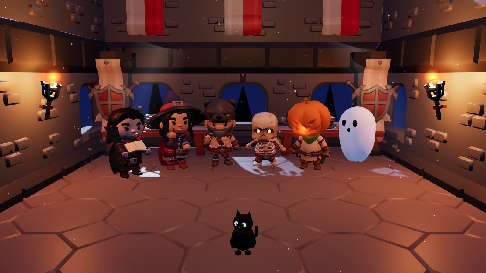 The ballroom lineup at midnight: Count Nox, Vesper Hex, Howl Garou, Auntie Bones, Jack Ember and Gus Murmur, with Inkwell the cat.