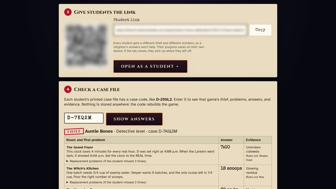 The Hollow House teacher page: the student link with a Copy button and QR code, and the case-code checker showing one game's thief and answers.