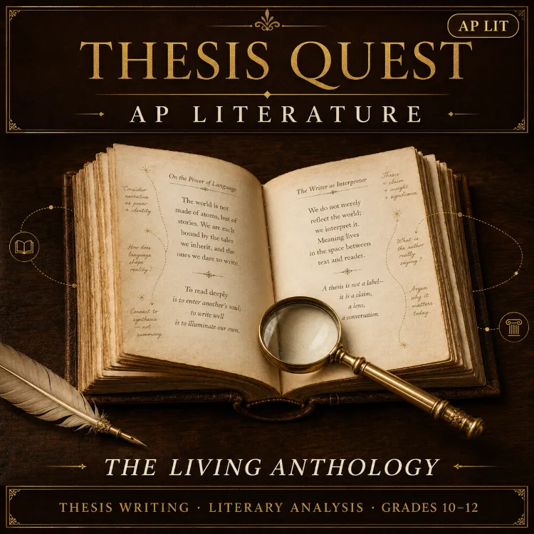 Thesis Quest: AP Literature, The Living Anthology. An open antique book with a magnifying glass and quill, annotated with margin notes about thesis writing and literary analysis for grades 10 to 12.