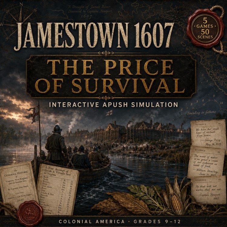 Jamestown 1607: The Price of Survival — an interactive APUSH simulation. Cover art showing a boat approaching the James River fort, with period evidence cards.