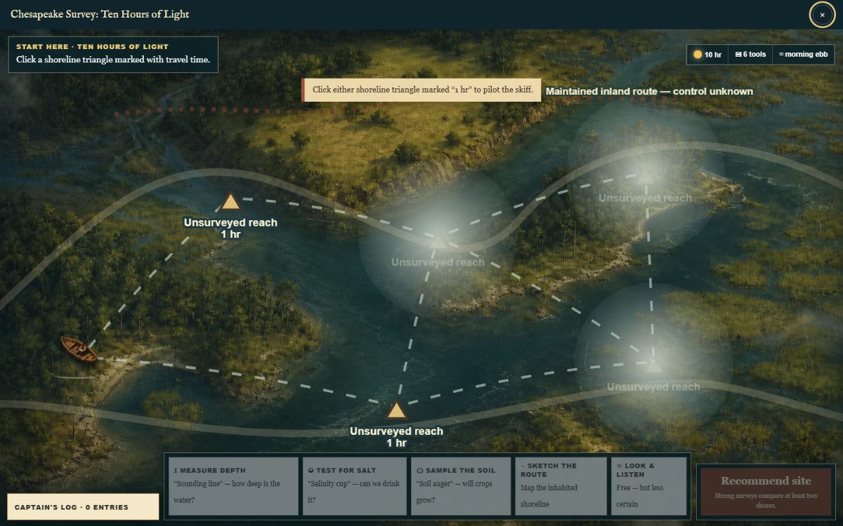 The Landfall Lab: a painted Chesapeake survey map with shoreline landing points, a skiff, daylight and tool counters, and field instruments for depth, salinity and soil.