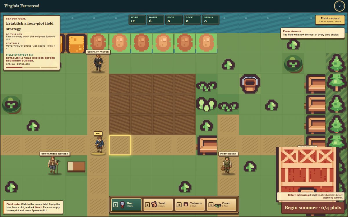The Tobacco Chain: a pixel-art Virginia farmstead where the student walks a steward between plots, a storehouse and a dock, choosing food, tobacco or cover crops.