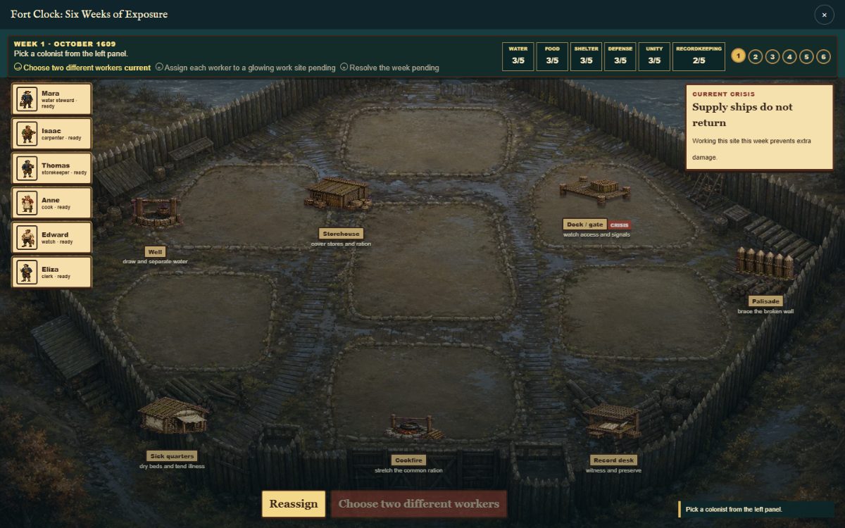 The Winter Ledger: a fort map with six weekly cycles, colonists assigned to the well, storehouse, palisade, sick quarters, cookfire and record desk.