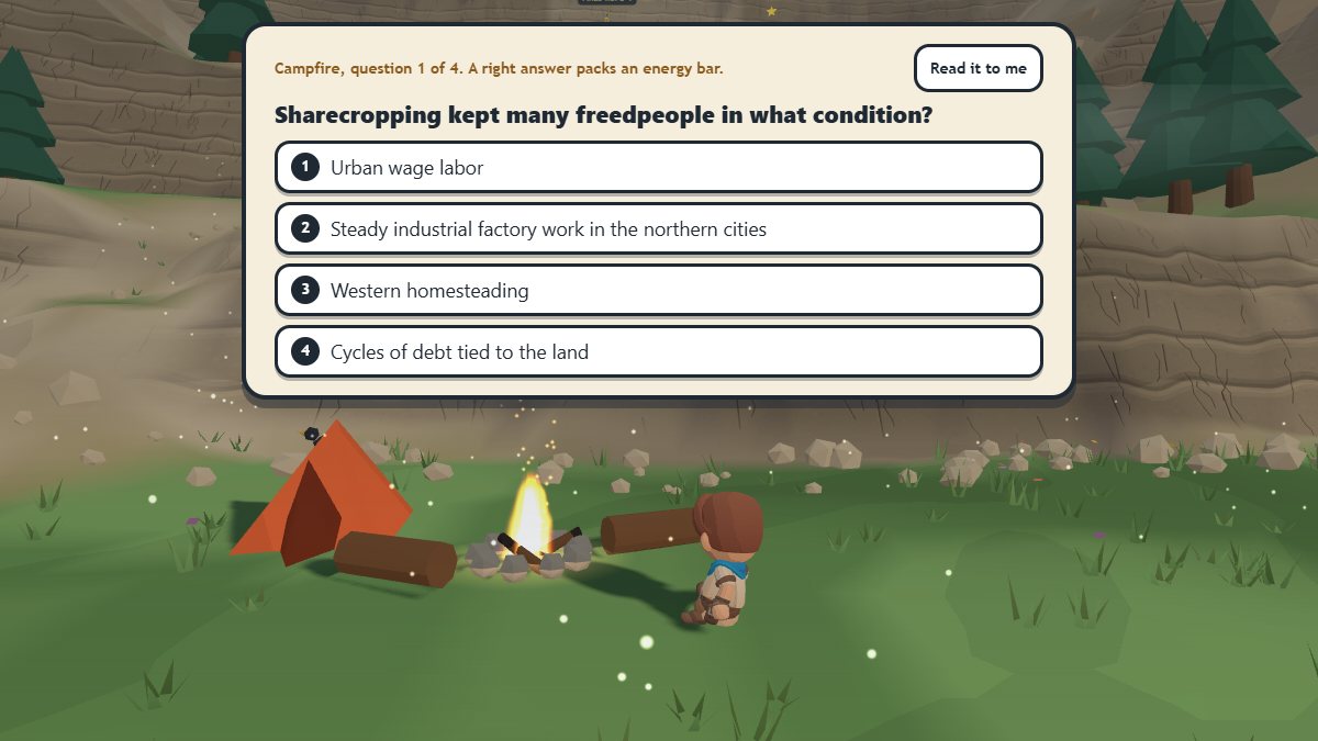 The climber sits by a campfire below a rock wall while a question card asks about sharecropping, with four answers to pick from